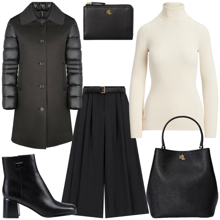Outfit donna - Capsule Wardrobe Black & White. Stile Casual chic per Tutti i giorni. Abbinamento con pantaloni a palazzo, borse a secchiello, portafogli, pullovers, cappotti, stivaletti.