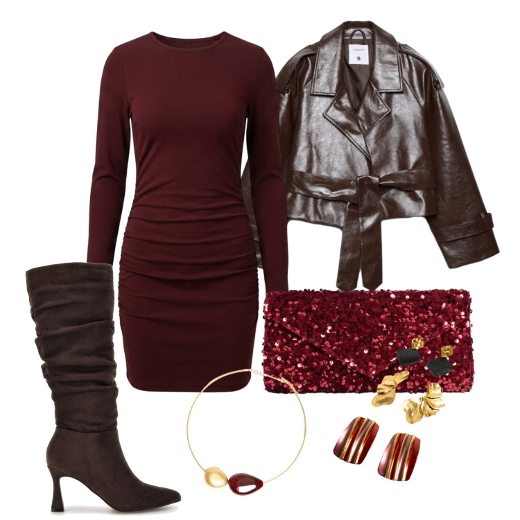 Outfit donna - Ottobre. Stile Glamour per Serata fuori. Abbinamento con vestiti corti, clutch, collane, orecchini, trench, stivali.
