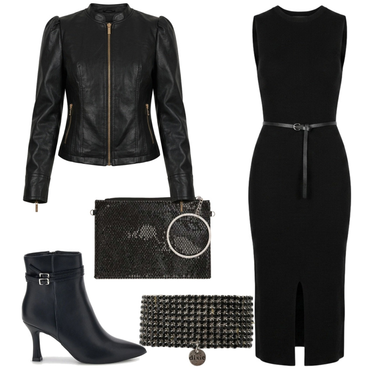 Outfit donna - Gothic glam and Midnight Mood. Stile Chic per Serata fuori. Abbinamento con braccialetti, vestiti midi/longuette, giacche, pochette, stivaletti.