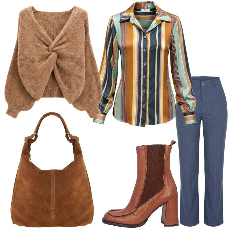 Outfit donna - Allure '70s. Stile 70s per Tutti i giorni. Abbinamento con camicie, jeans dritti, borse a spalla, maglieria, stivaletti chelsea.