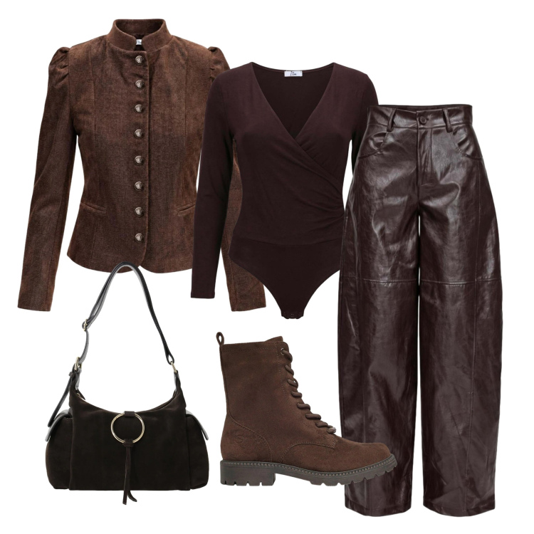 Outfit donna - In brown. Stile Urban per Tutti i giorni. Abbinamento con body, blazer, pantaloni a palazzo, borse a spalla, anfibi.