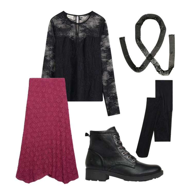 Outfit donna - Pizzo e trasparenze. Stile Glamour per Serata fuori. Abbinamento con collane, gonne lunghe, bluse, collant, anfibi.