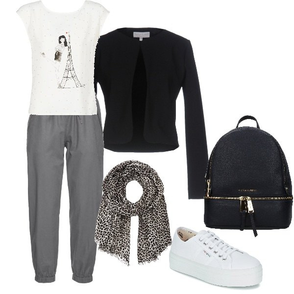 Outfit donna - Urban #2721. Stile Urban per Scuola/Università. Abbinamento con pantaloni, giacca scollatura profonda a maniche lunghe interno sfoderato tinta unita, zaini, t-shirt a maniche corte bianco, sneakers, sciarpa lunga.
