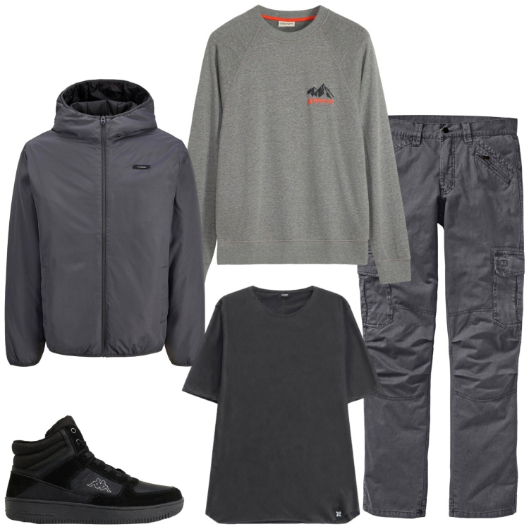 Outfit uomo - Total look #2494320. Stile Casual per Sport. Abbinamento con t-shirt, giacche, pantaloni cargo, sneakers alte, felpe.