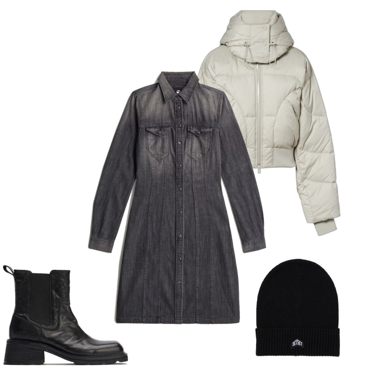 Outfit femme - Robe denim. Style Urban pour Tous les jours. Assortir avec boots, doudounes, bonnets, robes mi-longues/au genou.