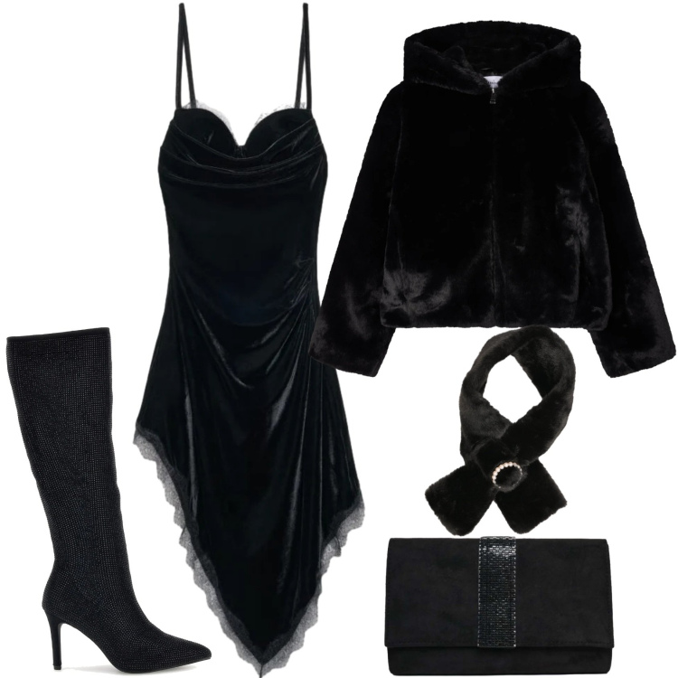 Outfit donna - Gothic glam and Midnight Mood. Stile Glamour per Serata fuori. Abbinamento con clutch, sciarpe, ecopellicce, vestiti asimmetrici, stivali.