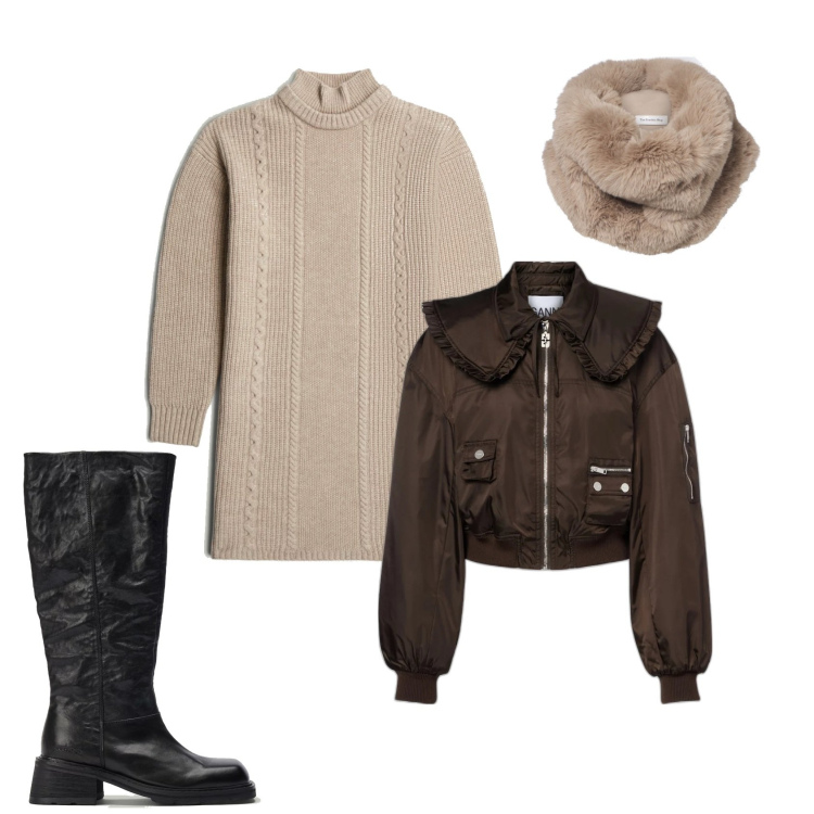 Outfit femme - Robe pull. Style Casual chic pour Tous les jours. Assortir avec foulards, bottes, bombers, robes.