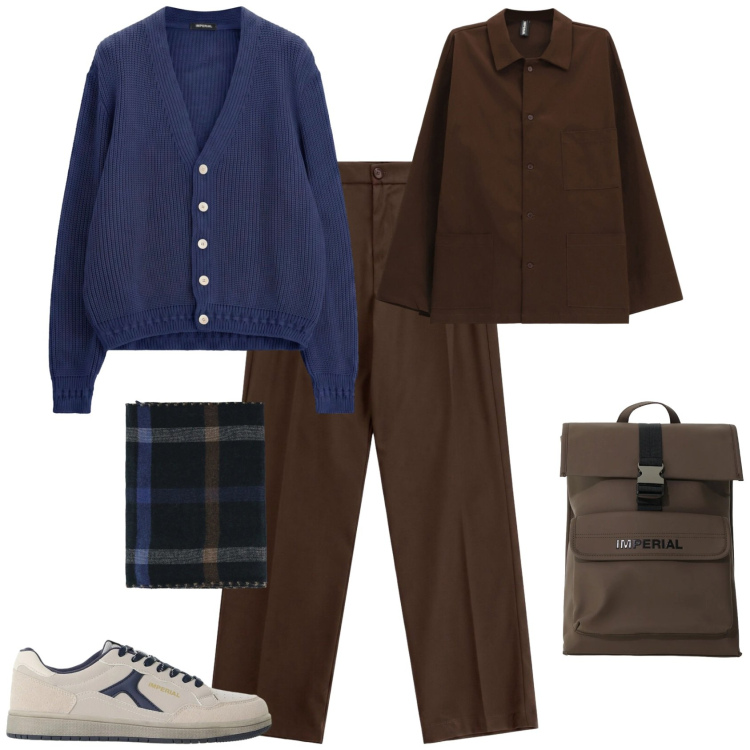 Outfit uomo - Ufficio tempo libero. Stile Trendy per Tutti i giorni. Abbinamento con pantaloni, sneakers, cappotti, cardigans, borse sportive, sciarpe.