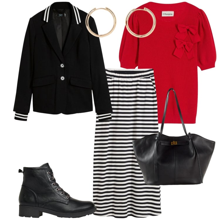 Outfit donna - Rosso. per Scuola/Università. Abbinamento con gonne lunghe, maglieria, shopping bag, blazer, orecchini, anfibi.