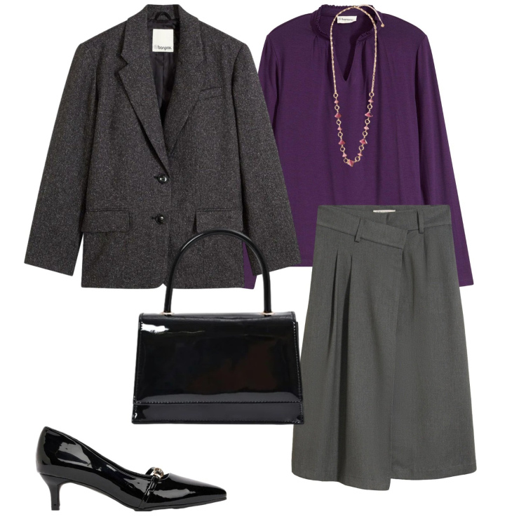 Outfit donna - Riunioni mensili. per Scuola/Università. Abbinamento con collane, borse a mano, bluse, blazer, décolleté, gonne longuette.
