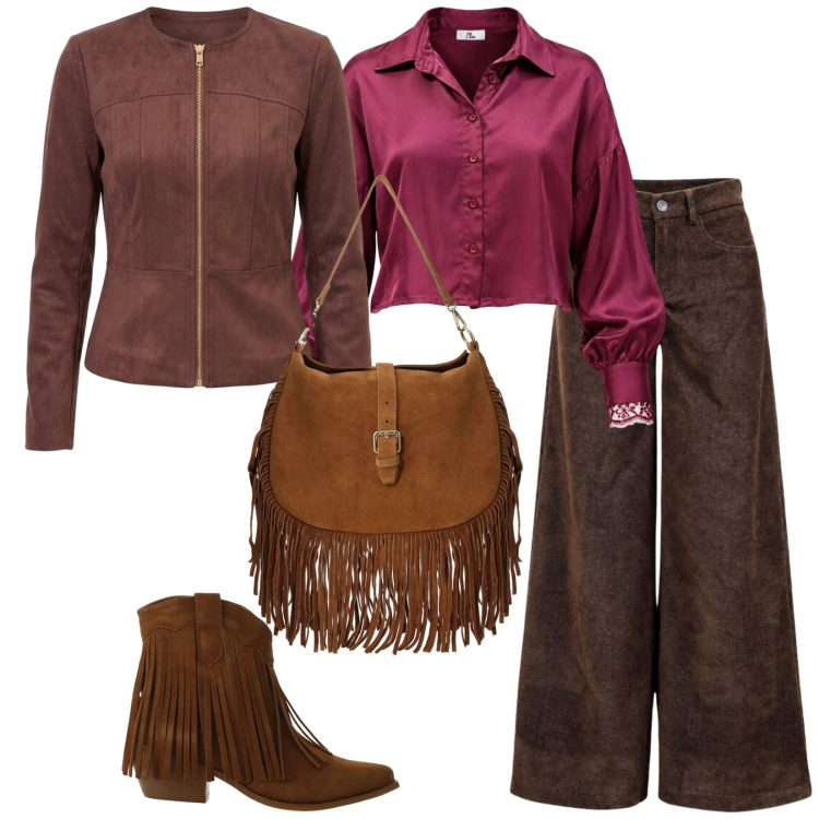 Outfit donna - Solo frange. per Tutti i giorni. Abbinamento con pantaloni a palazzo, camicie, borse a spalla, stivaletti texani, blazer.