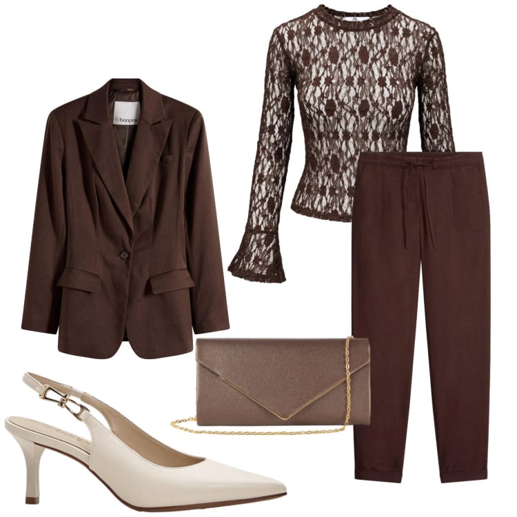 Outfit donna - Total look #2494349. Stile Chic per Serata fuori. Abbinamento con top, clutch, pantaloni, blazer, décolleté.