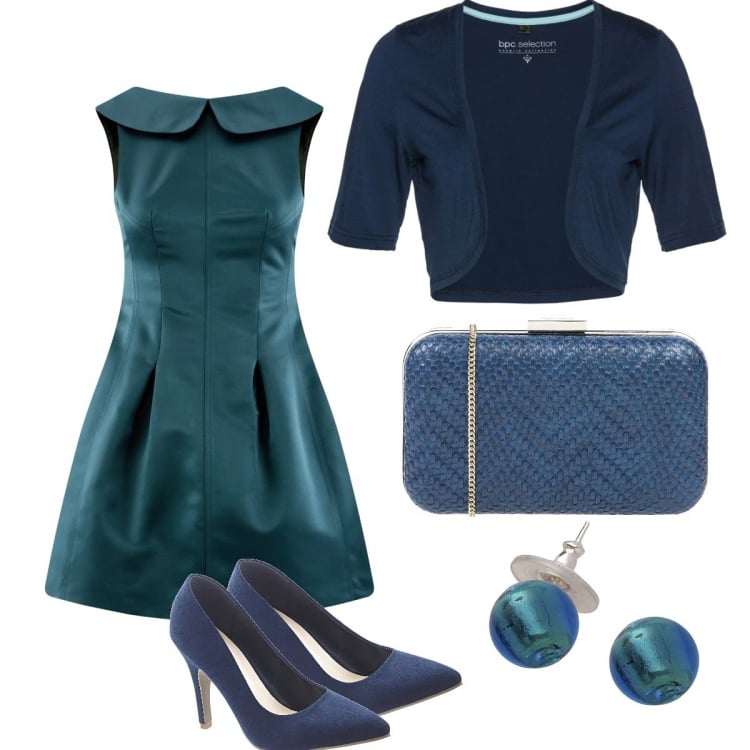 Outfit donna - Cerimonia in petrolio. Stile Chic per Cerimonia. Abbinamento con borsa a mano mini a scatto interno foderato in pelle sintetica tinta unita, blazer, décolleté, vestito collo a v aderente verde, orecchini in argento 925.