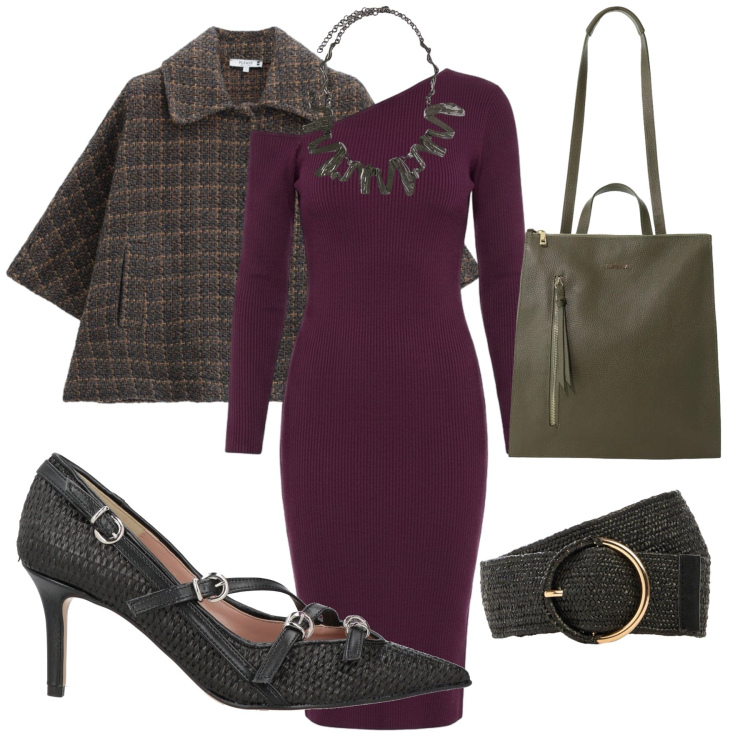 Outfit donna - Cena romantica d'autunno. Stile Chic per Serata fuori. Abbinamento con borse a tracolla, ciondoli, cappotti, vestiti, décolleté, cinture.
