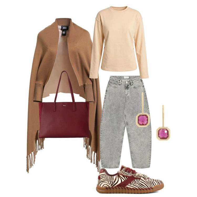 Outfit donna - Ora aperitivo. Stile Sporty chic per Serata fuori. Abbinamento con shopping bag, orecchini, felpe, cappe, jeans, sneakers.