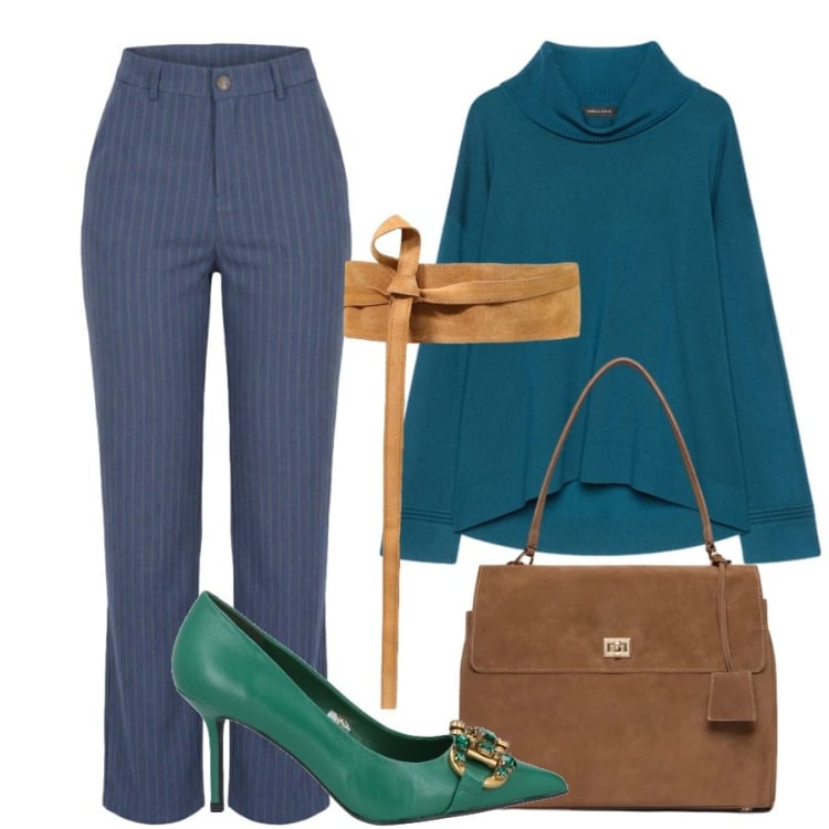 Outfit donna - Verde e blu. Stile Sporty chic per Ufficio. Abbinamento con jeans dritti, cinture, pullovers, borse a mano, décolleté.