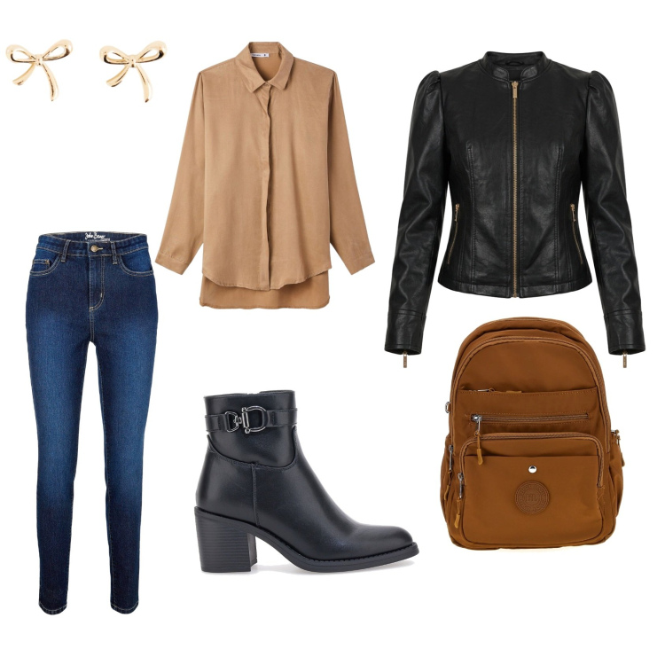Outfit donna - Total look #2494366. Stile Basic per Tutti i giorni. Abbinamento con giacche, camicie, zaini, jeans skinny, stivaletti, orecchini.