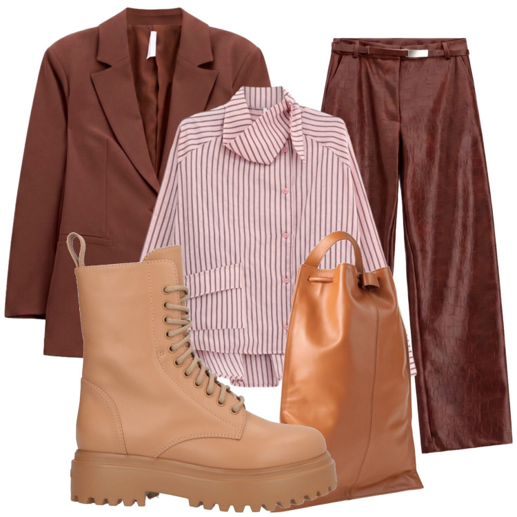 Outfit donna - Sfumature Ruggine e Cammello. Stile Glamour per Ufficio. Abbinamento con camicie, blazer, pantaloni, stivaletti, zaini.