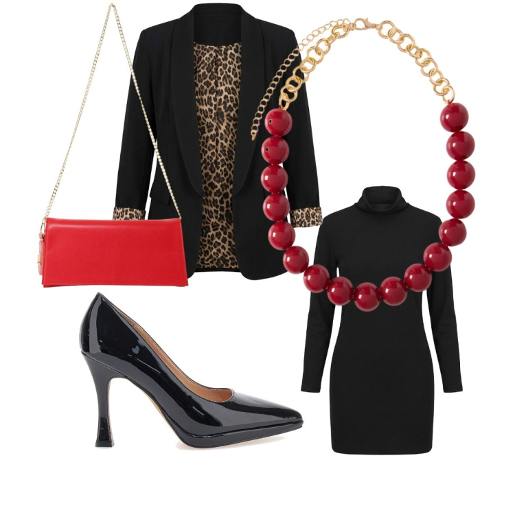Outfit donna - Scherzetto o dolcetto?. Stile Basic per Serata fuori. Abbinamento con borse a tracolla, collane, vestiti corti, blazer, décolleté.