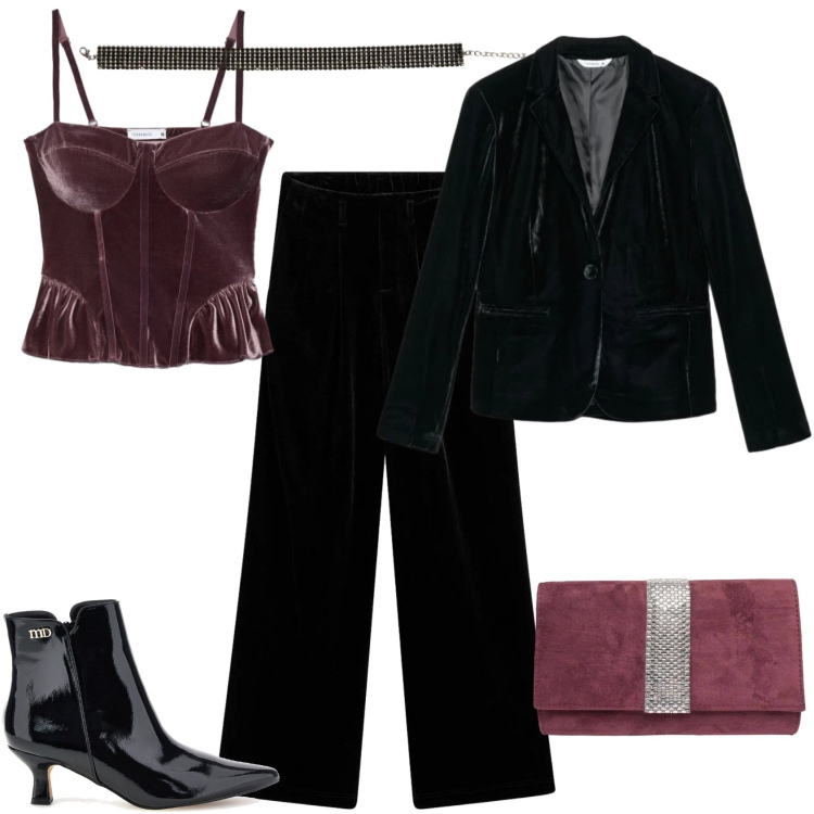 Outfit donna - Gothic glam and Midnight Mood. Stile Glamour per Serata fuori. Abbinamento con clutch, collane, blazer, top, stivaletti, pantaloni.