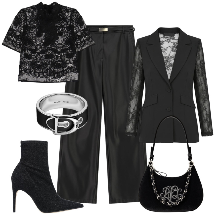 Outfit donna - Halloween black glam. Stile Glamour per Serata fuori. Abbinamento con top, pantaloni, anelli, borse a spalla, blazer, stivaletti.