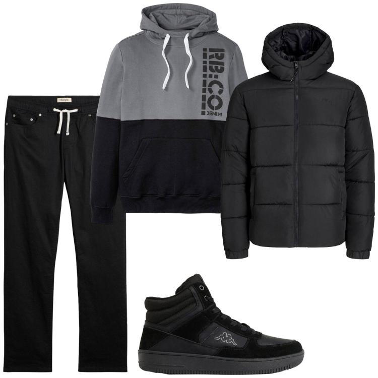 Outfit uomo - Boys. Stile Urban per Tutti i giorni. Abbinamento con felpe con cappuccio, sneakers alte, pantaloni, piumini.
