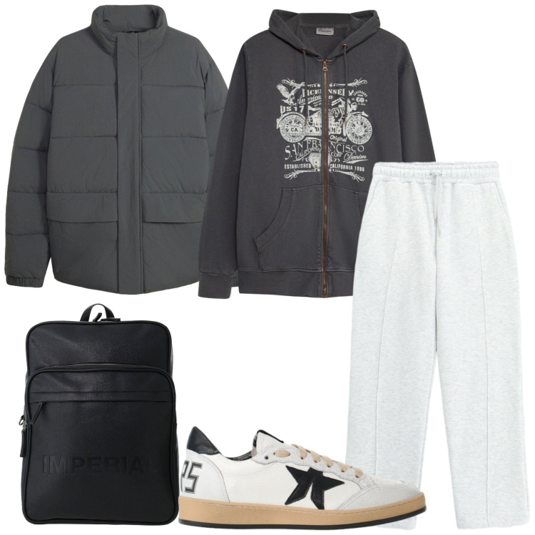 Outfit uomo - In palestra. Stile Casual per Sport. Abbinamento con pantaloni, sneakers, borse sportive, felpe con cappuccio, piumini.