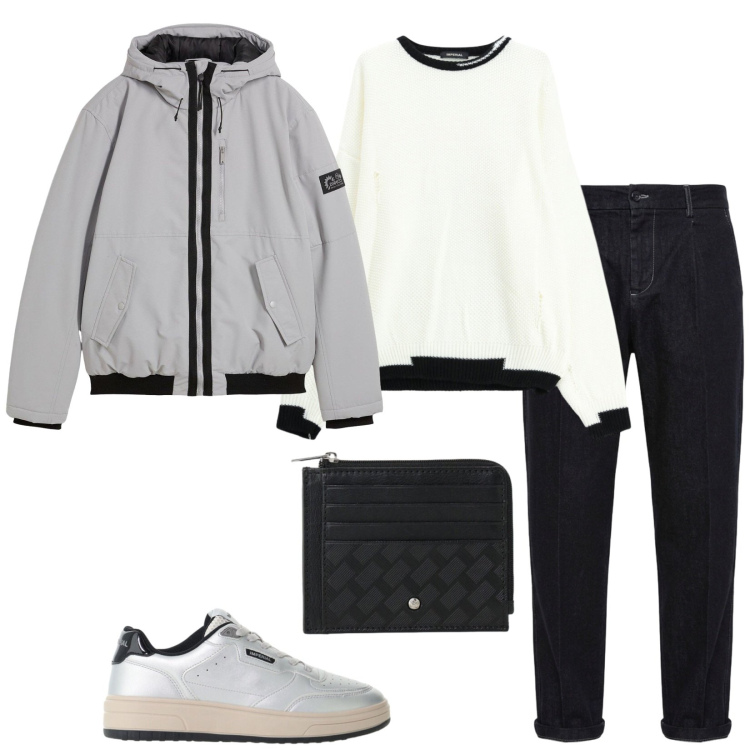 Outfit uomo - Saturday, night out. Stile Trendy per Serata speciale. Abbinamento con jeans, maglieria, sneakers, portafogli, bomber.