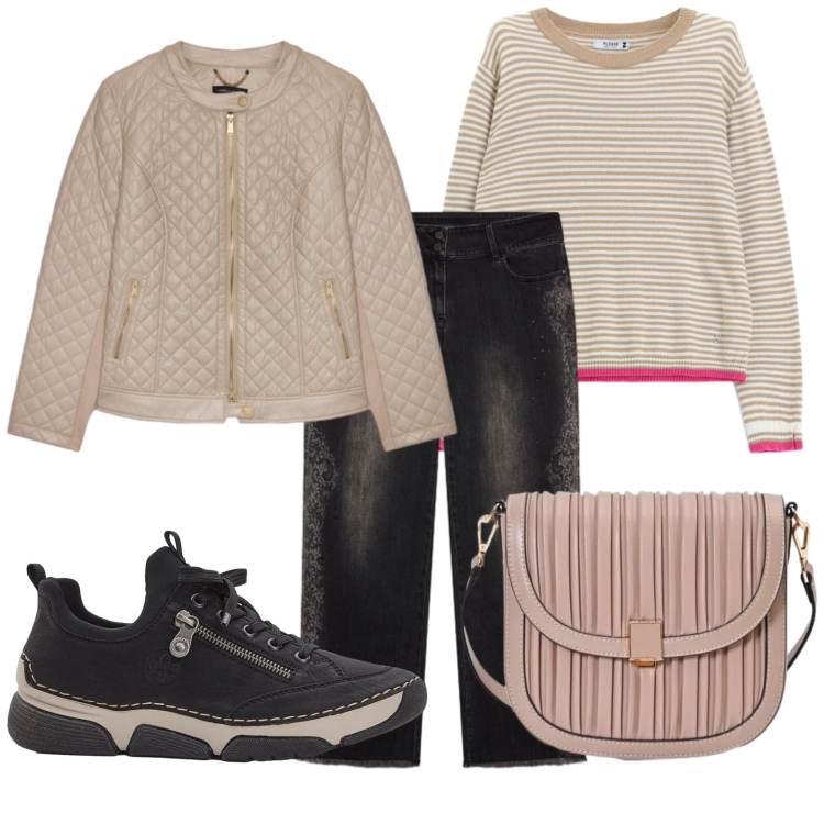 Outfit donna - Total look #2494387. Stile Glamour per Tutti i giorni. Abbinamento con giacche, jeans, maglieria, borse a tracolla, sneakers.