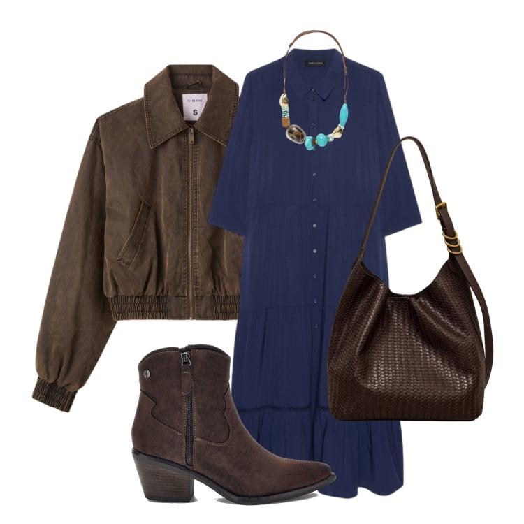 Outfit donna - Stile Boho Chic autunnale - Focus Donna. Stile Boho per Tutti i giorni. Abbinamento con vestiti lunghi, collane, borse a spalla, bomber, stivaletti texani.