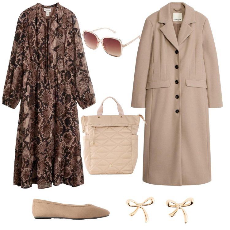 Outfit donna - Total look #2494395. Stile Casual chic per Ufficio. Abbinamento con vestiti, zaini, ballerine, cappotti, occhiali da sole, orecchini.