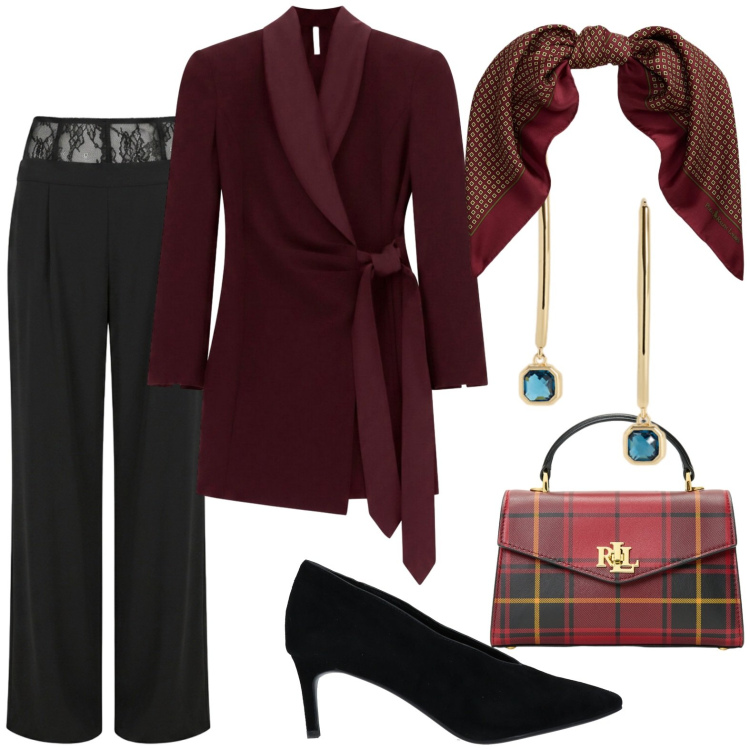 Outfit donna - A lume di candela. Stile Chic per Serata fuori. Abbinamento con décolleté, vestiti corti, pantaloni a palazzo, orecchini, borse a mano, foulard.