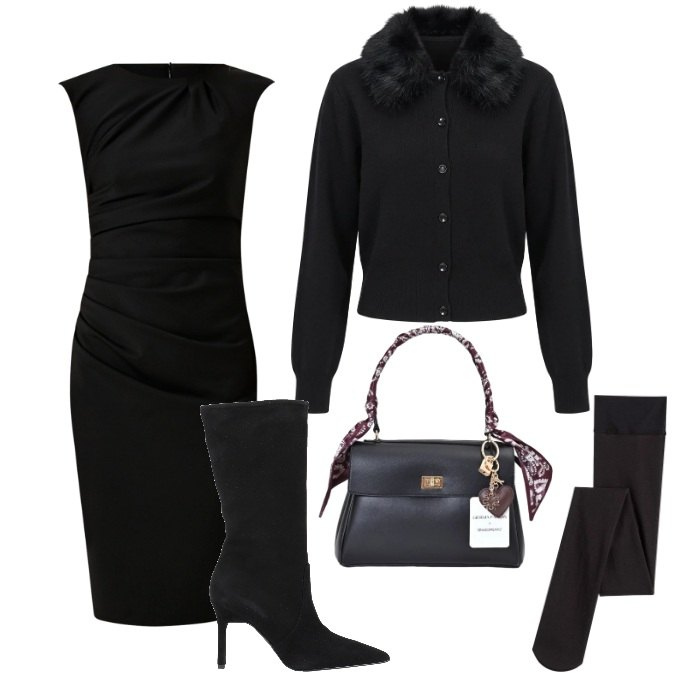 Outfit donna - Total Black Raffinato e Chic. Stile Chic per Serata fuori. Abbinamento con stivali, vestiti a tubino, borse a mano, cardigans, collant.