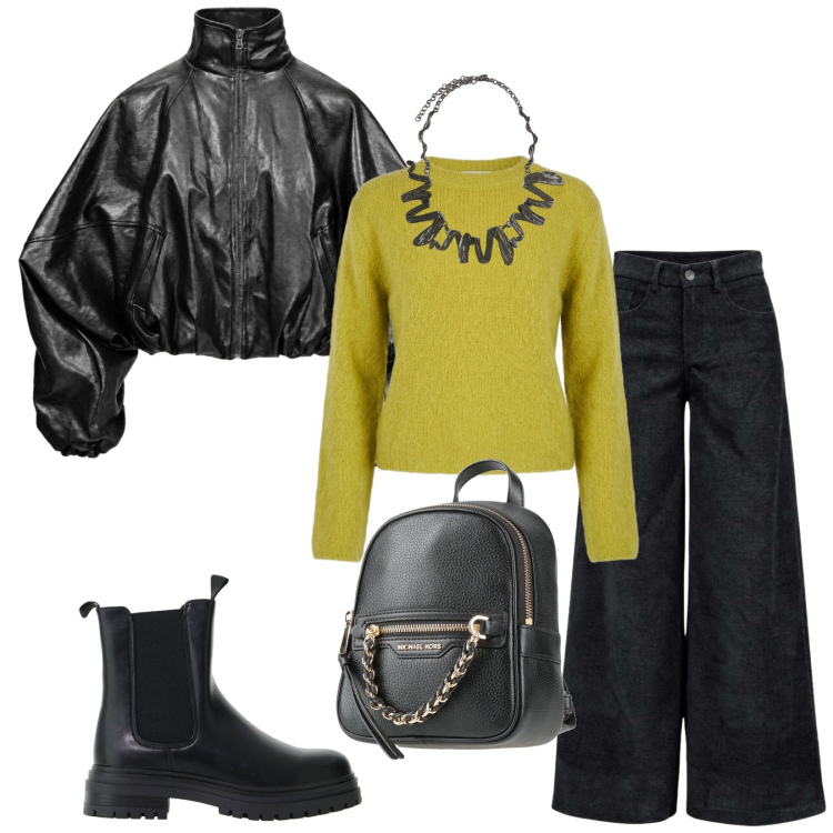 Outfit donna - Total look #2494399. Stile Urban per Tutti i giorni. Abbinamento con zaini, bomber, pantaloni a palazzo, stivaletti chelsea, ciondoli, maglieria.