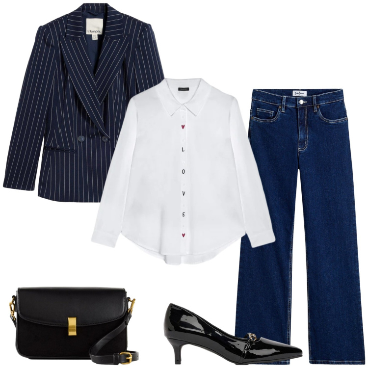 Outfit donna - Total look #2494401. Stile Casual chic per Ufficio. Abbinamento con camicie, jeans, borse a mano, blazer, décolleté.