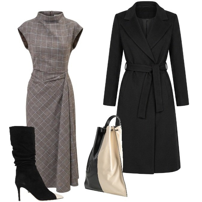 Outfit donna - Business in Tartan alla Scrivania. Stile Chic per Ufficio. Abbinamento con stivali, zaini, vestiti asimmetrici, cappotti.