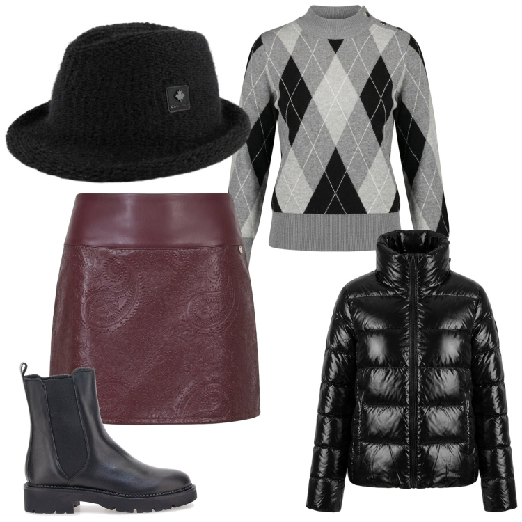 Outfit donna - London. Stile Glamour per Tutti i giorni. Abbinamento con piumini, cappelli, minigonne, pullovers, stivaletti chelsea.