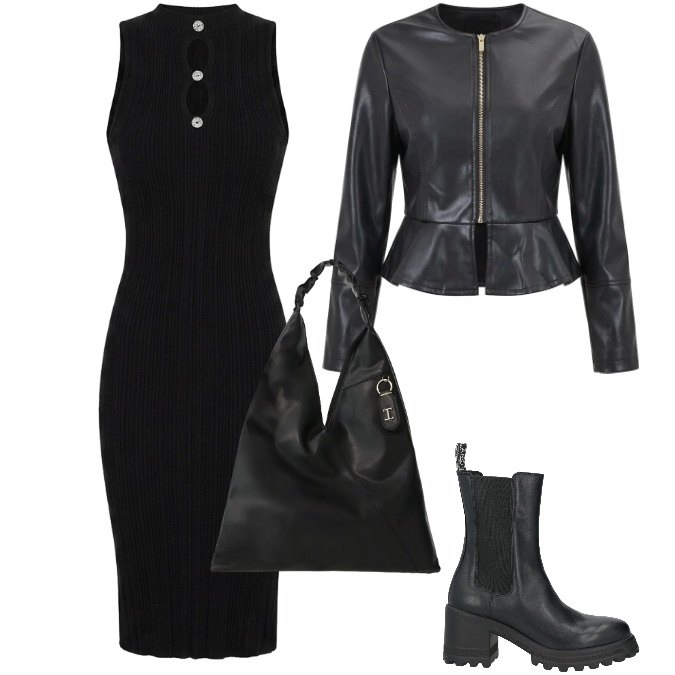 Outfit donna - Cena in Total Black Eleganza con Grinta. Stile Rock per Serata fuori. Abbinamento con stivaletti, borse a spalla, giacche, vestiti midi/longuette.