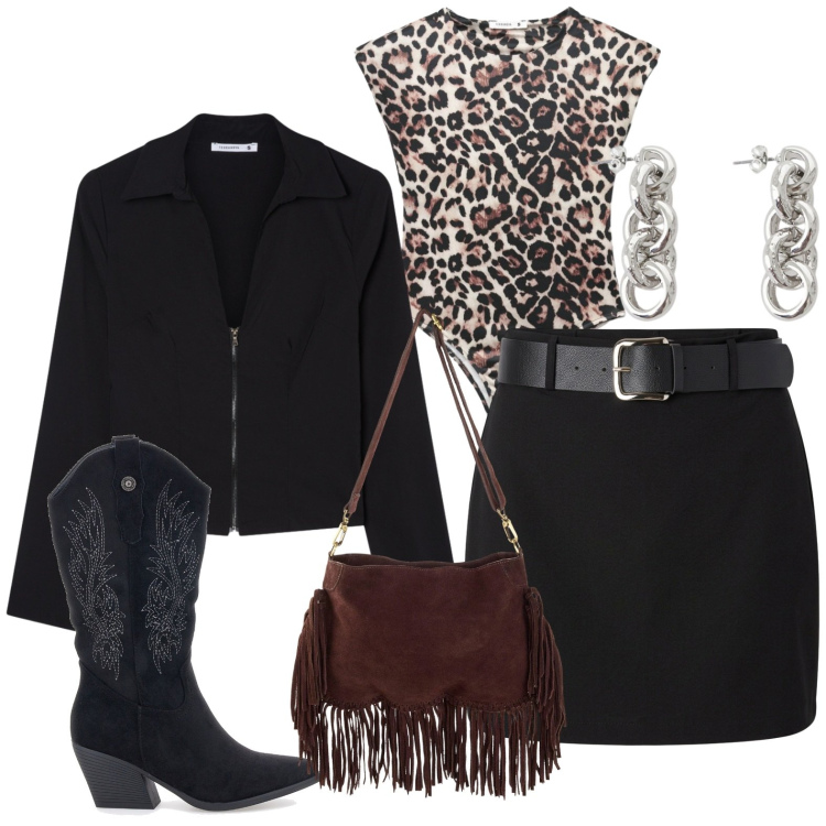 Outfit donna - Texani. Stile Trendy per Tutti i giorni. Abbinamento con top, minigonne, camicie, orecchini, borse a tracolla, stivaletti texani.