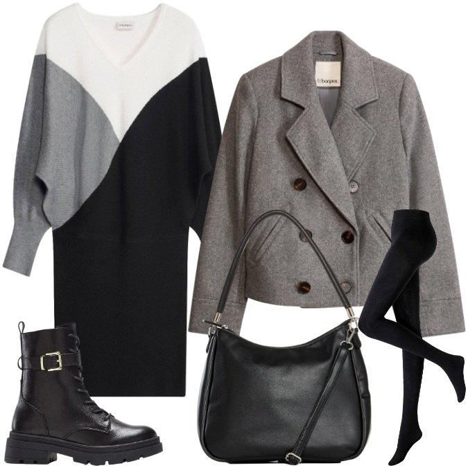 Outfit donna - Sessioni Università: comfy con carattere. Stile Casual chic per Scuola/Università. Abbinamento con collant, borse a mano, anfibi, blazer, vestiti corti.
