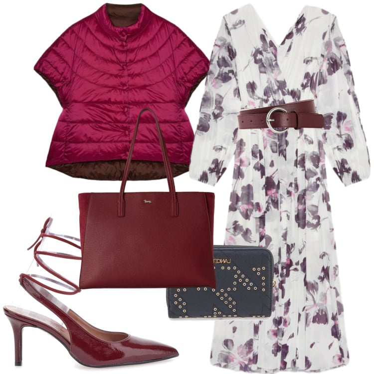 Outfit donna - Autunnale. Stile Boho per Tutti i giorni. Abbinamento con shopping bag, vestiti lunghi, piumini, cinture, décolleté, portafogli.