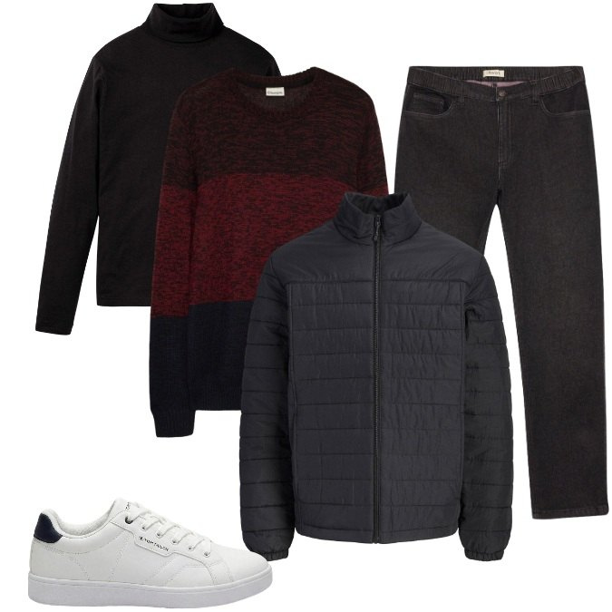 Outfit uomo - Total look #2494419. Stile Casual per Tutti i giorni. Abbinamento con maglieria, maglieria, sneakers, giacche, jeans dritti.