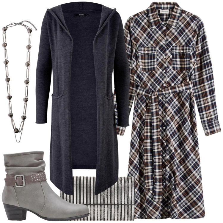 Outfit donna - Brunch. Stile Glamour per Tutti i giorni. Abbinamento con collane, clutch, cardigans, stivaletti, vestiti chemisier.