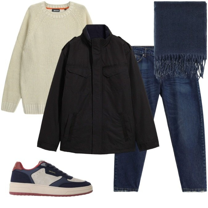 Outfit uomo - Pranzi in Famiglia. Stile Casual per Tutti i giorni. Abbinamento con jeans, sneakers, sciarpe, maglieria, giacche.