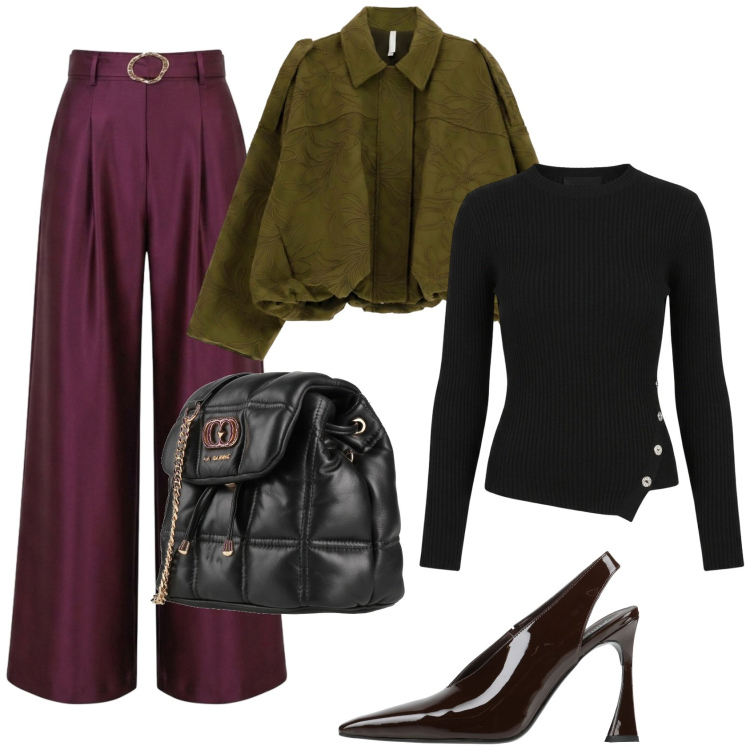 Outfit donna - Colori autunnali. Stile Casual per Tutti i giorni. Abbinamento con bomber, pantaloni a palazzo, maglieria, valigie, décolleté.