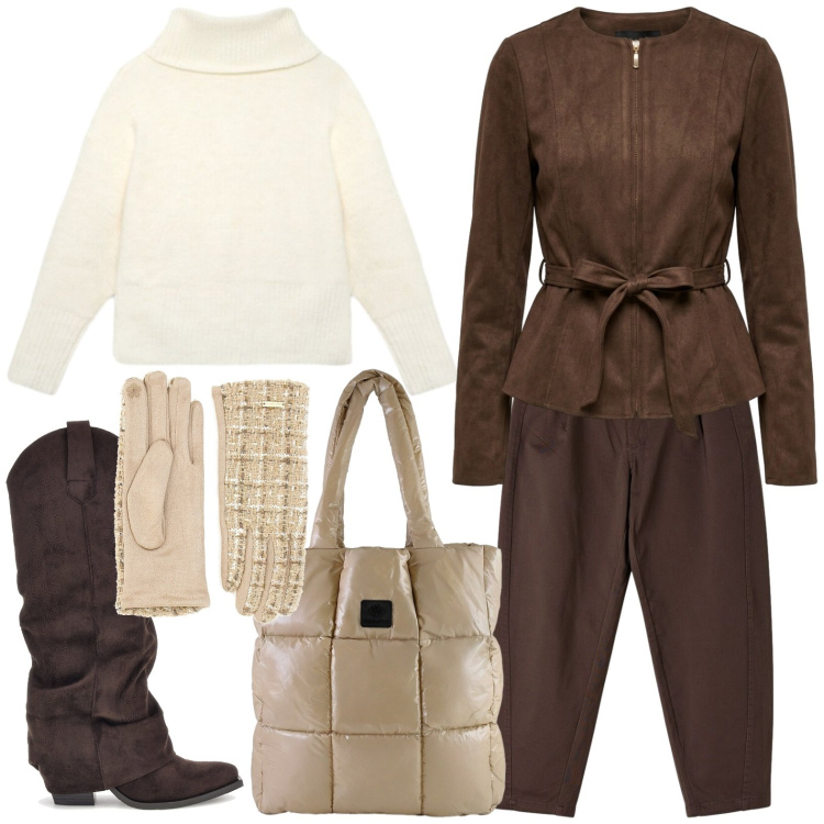 Outfit donna - La Capsule Wardrobe. Stile Casual per Tutti i giorni. Abbinamento con shopping bag, blazer, pantaloni, pullovers, stivaletti texani, guanti.