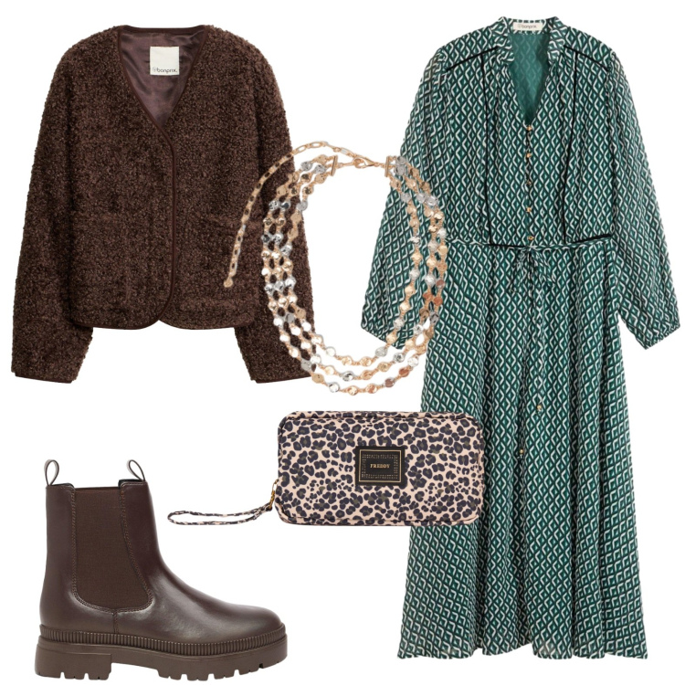 Outfit donna - Outfit bosco. Stile Casual per Tutti i giorni. Abbinamento con collane, valigie, vestiti, blazer, stivaletti.