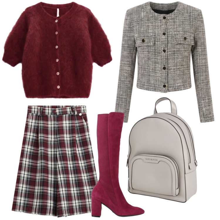 Outfit donna - Stivale wine. Stile Bon Ton per Tutti i giorni. Abbinamento con stivali, zaini, cardigans, bermuda, blazer.