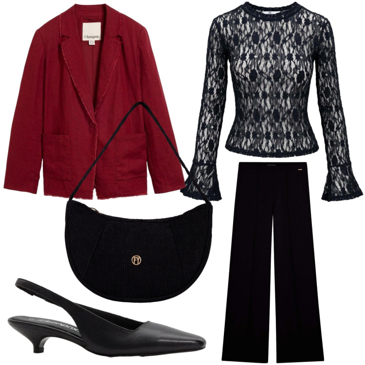 Outfit donna - Trasparenze rock. Stile Basic per Tutti i giorni. Abbinamento con top, pantaloni sportivi, borse a mano, blazer, décolleté.