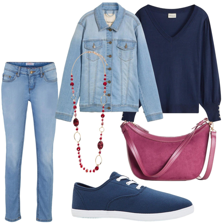 Outfit donna - Borsa malva. Stile Casual per Tutti i giorni. Abbinamento con collane, borse a tracolla, cappotti, sneakers, jeans skinny, maglieria.